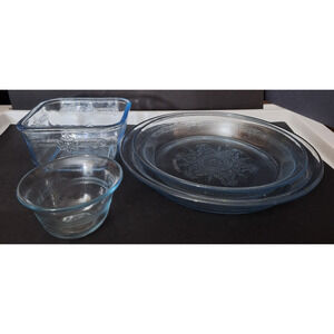 Fire King Philbe Sapphire Blue Refrigerator Jar, Custard Cup & 2 Pie Plates